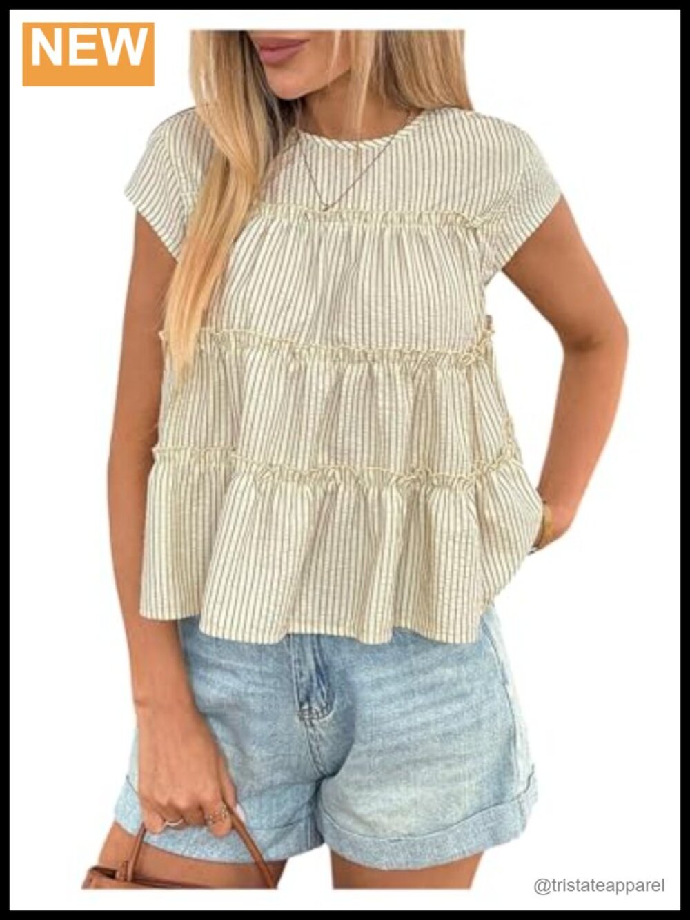 Striped Peplum Blouse Cap Sleeve Ruffle Cute Top Women's